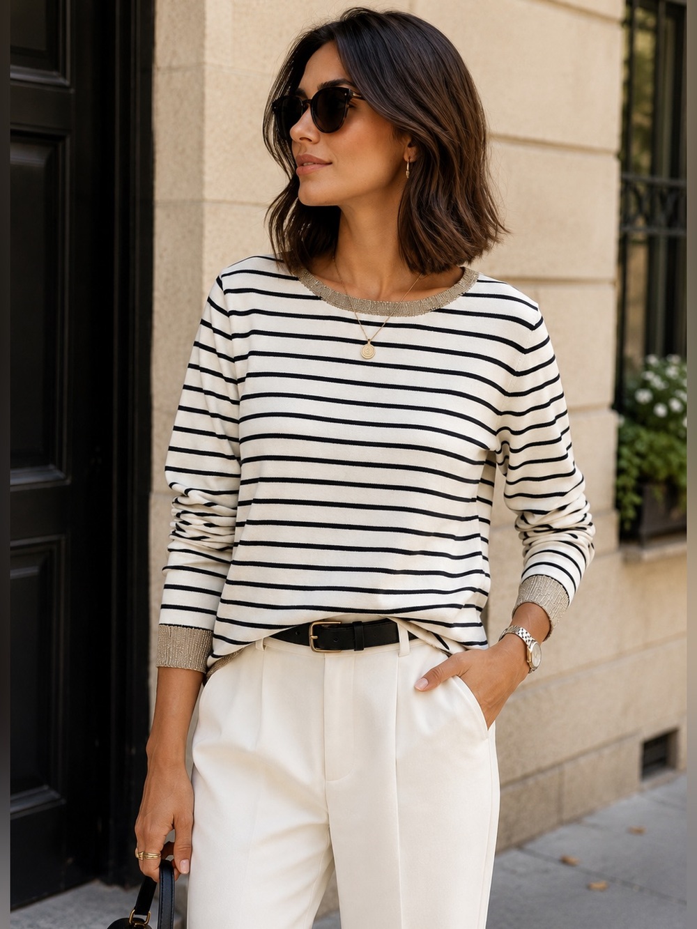 ALL:ROW Women’s Striped Knit Sweater Size L Ivory Black Metallic Trim Long Sleev